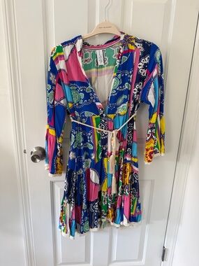 V-Neck Patchwork Mini Dress in Blue and Pink